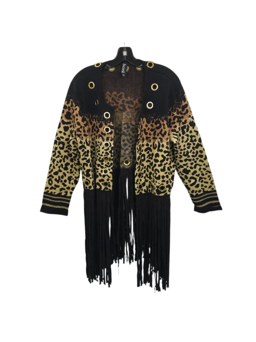 Berek Leopard Print Cardigan XL Gold Grommet Fringe Sweater Jacket Open Front